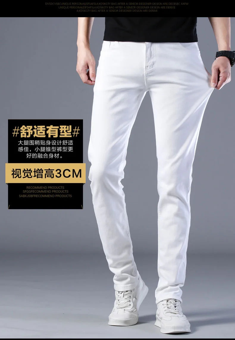 2024 Spring and Autumn New Fashion Trend White Elastic Denim Pants Men's Casual Slim Comfortable Breathable Small Legs 28-38