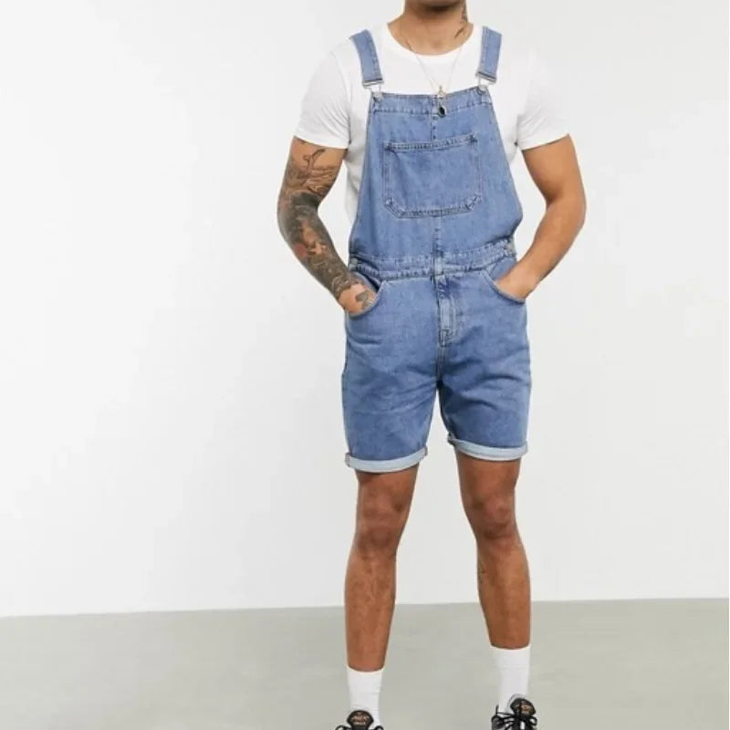 Men Summer Short Jeans Overalls Washed Denim Pencil One Piece Pockets Spliced Ripped Vintage Suspenders Casual Jumpsuits 2025