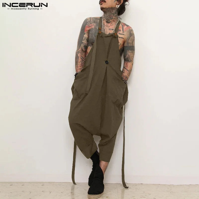 INCERUN American Style Fashion Jumpsuit Men's Loose Deconstruction Design Jumpsuit Streetwear Solid Wide Leg Sleeveless Rompers