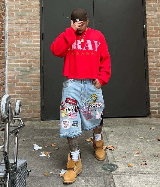Y2K Jeans Men Women Hip Hop Cartoon Graphics Streetwear Retro Patchwork Denim Short Retro Blue Loose Denim Fitness Casual Shorts