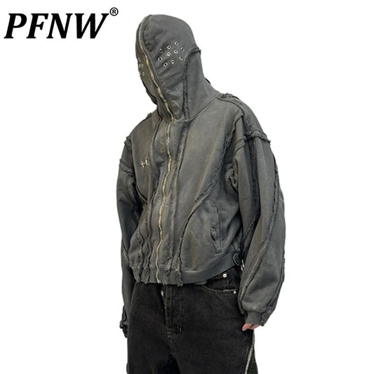 PFNW Worn Out Deconstruction Men's Sweatshirts Cardigan Male High Street Niche Design Masked Hoodies 2024 Spring Trendy 28W2570