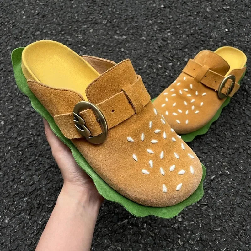 New Lazy Slippers Hamburger Sandals Lover Cute Cosplay Costumes Shoes Loafers Indoor Slippers Cow Suede Casual Comfort Men Women