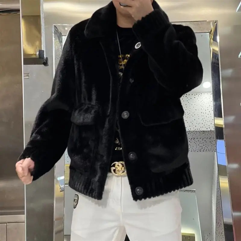 Luxury Brand Winter Faux Fur Coat Men Warm Fur Jacket Single-breasted Reversible Wear Windproof Jacket Business Casual Outerwear