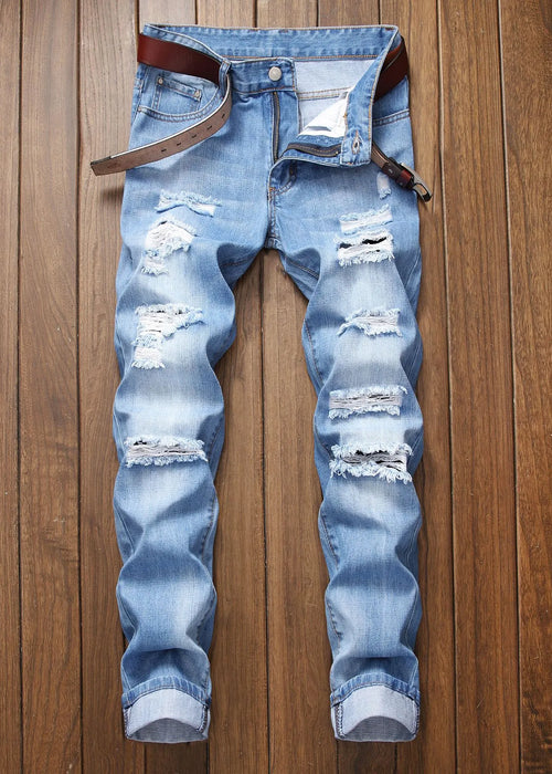 Fall New Men's Wear Ripped Straight Fit Stretchless Jeans Fashionable Blue Casual Social Hip Hop Party High Quality Denim Pants