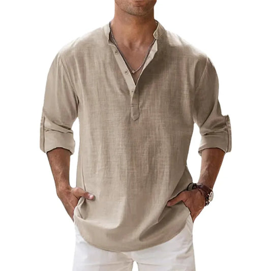 Spring and Autumn New Men's Linen Long Sleeve Breathable Shirt Solid Color Casual  Basic Cotton Linen Shirt Tops Hemp Shirt