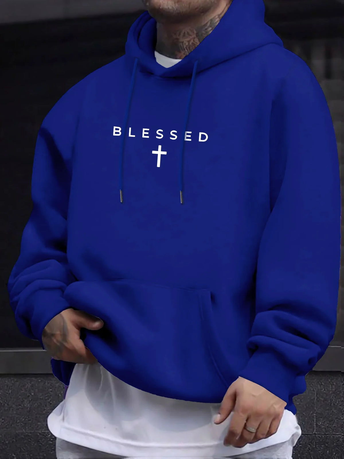 Men's Fall/winter Casual Comfortable Hooded Sweater with Blessing Cross Pattern and Geometric Designs in A Loose Fit.