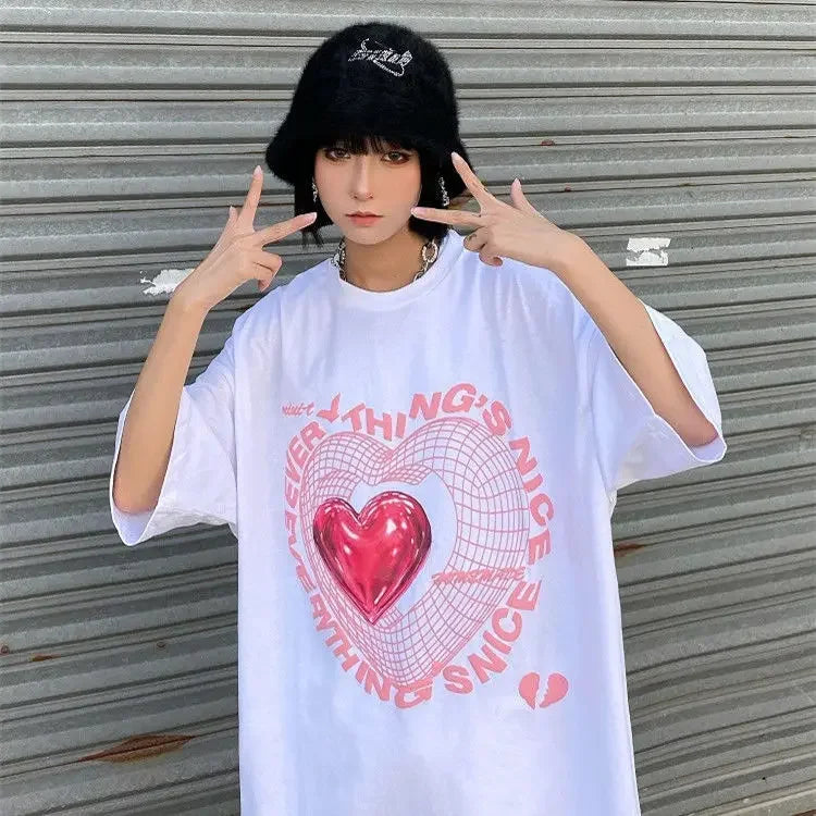 Oversized T Shirt Love Graphic T-shirts Women's New Cute Tees Couple Tshirt Streetwear Y2k Tops Harajuku Sweet Clothing