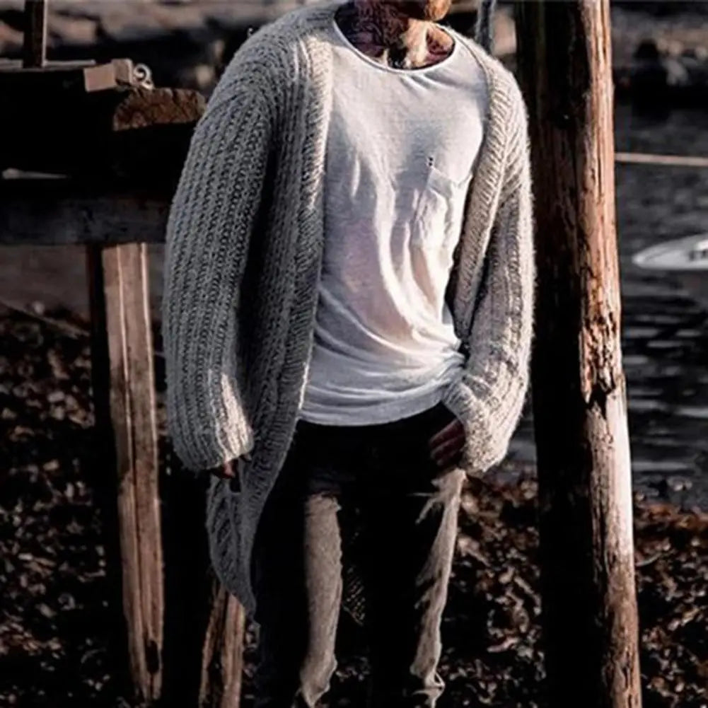 Winter Men's Cardigan Sweater Long Sleeve V Neck Loose Streetwear Knitted Mid Length Coat Men Clothing