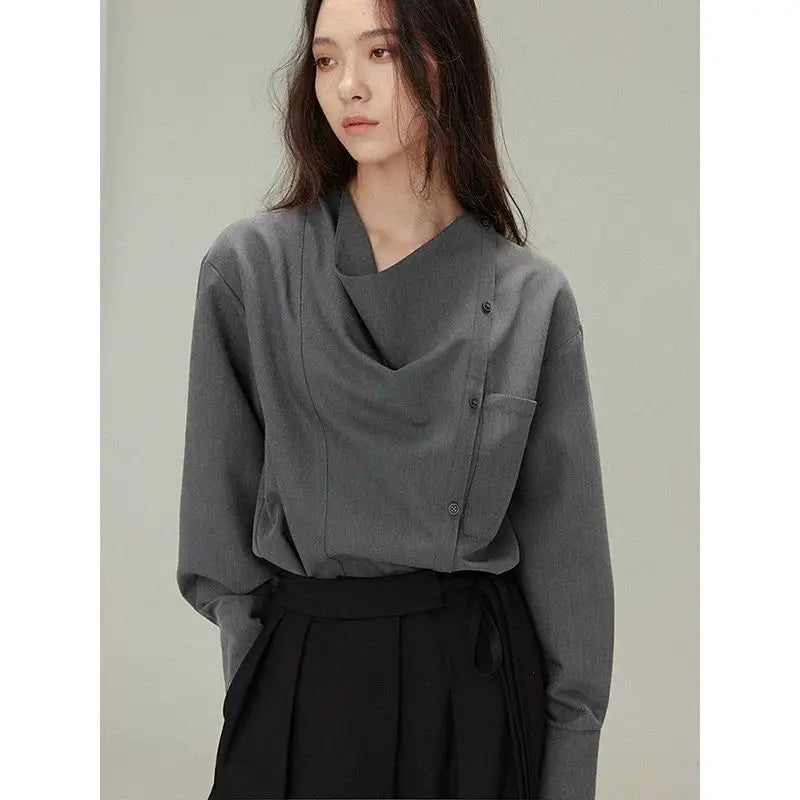 Premium gray drape shirt retro loose collar design long sleeve shirt bottoming shirt women's spring large size tide