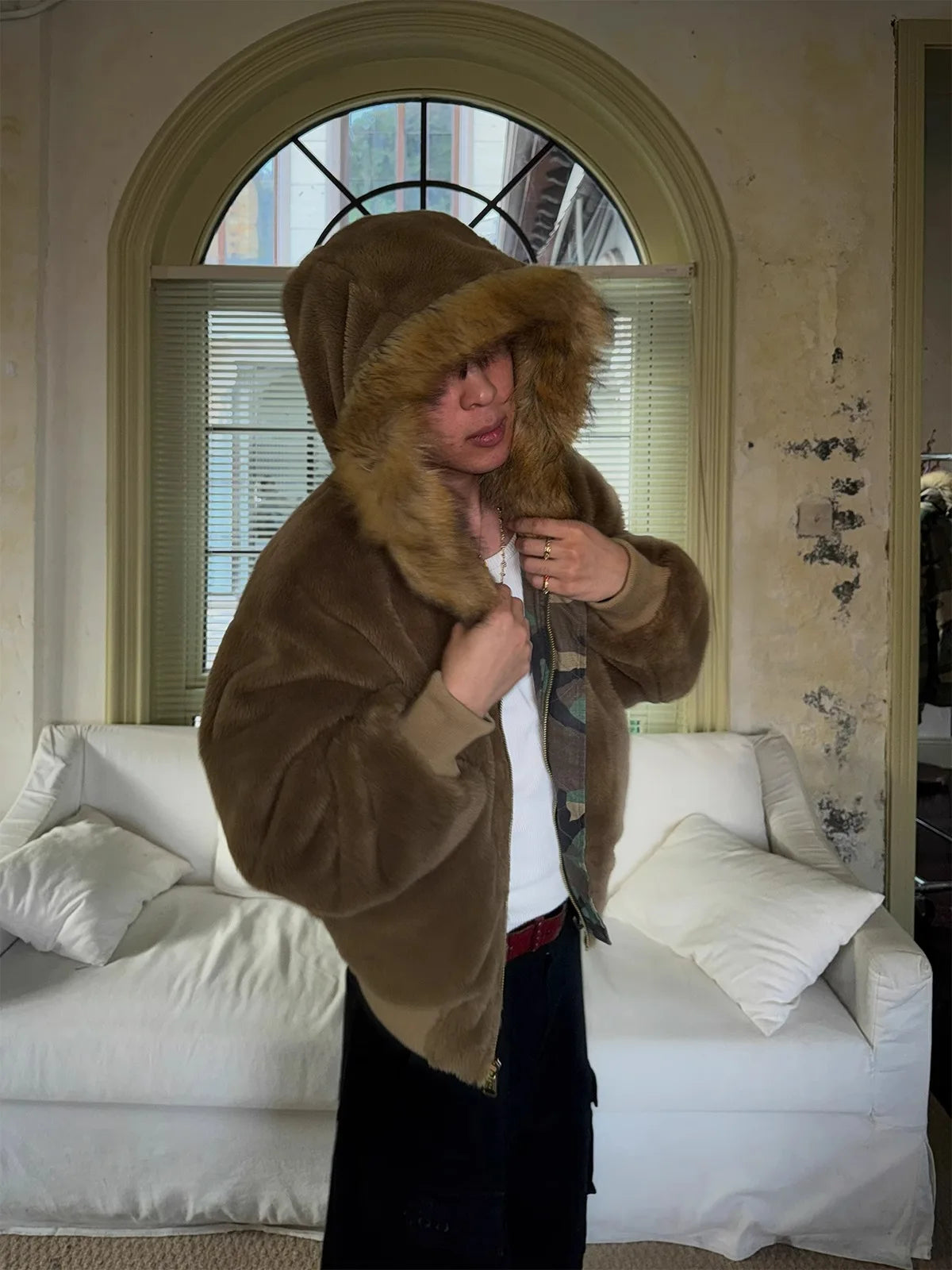 Men Fashion Camoufalge Warm Jacket Fleece Lined Thick Thermal Faux Fur Overcoat Revisable Parkas With Fur Hood Winter Outerwear