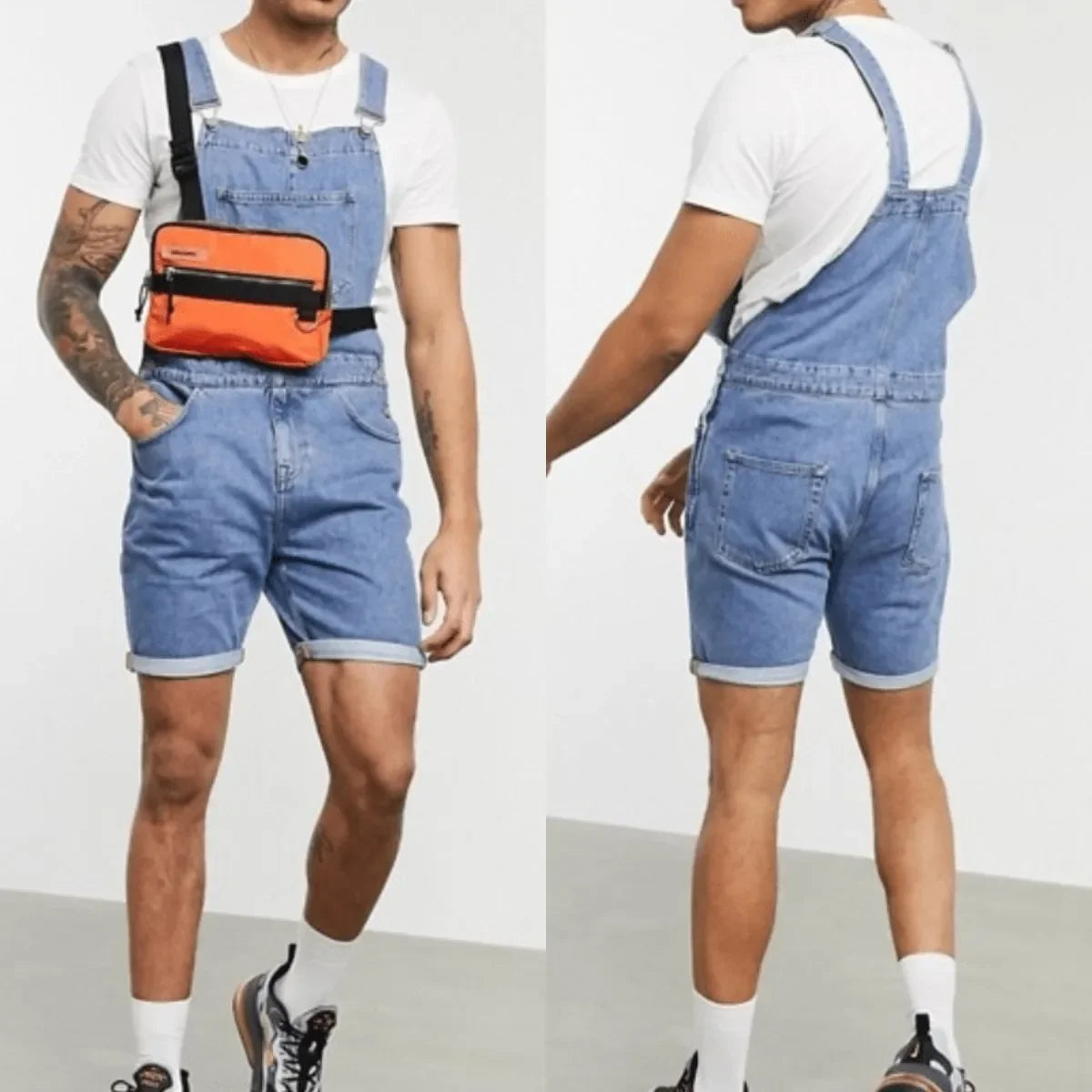 Men Summer Short Jeans Overalls Washed Denim Pencil One Piece Pockets Spliced Ripped Vintage Suspenders Casual Jumpsuits 2025