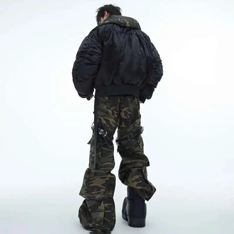 LUZHEN Belt Design Camouflage Work Pants Washed Vintage High Quality Cargo Trousers Trendy Streetwear Men's Straight LZ7881