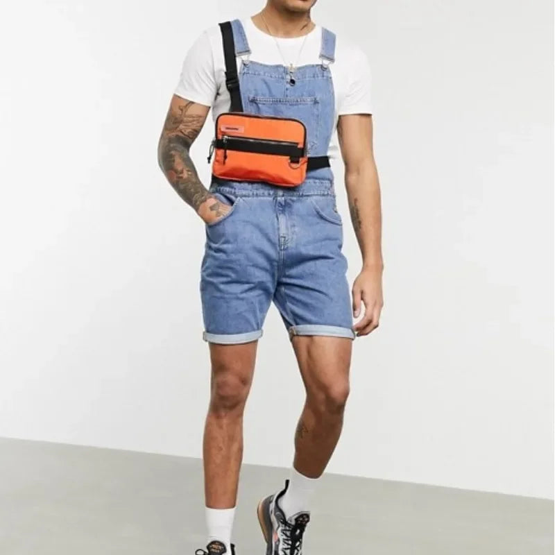 Men Summer Short Jeans Overalls Washed Denim Pencil One Piece Pockets Spliced Ripped Vintage Suspenders Casual Jumpsuits 2025