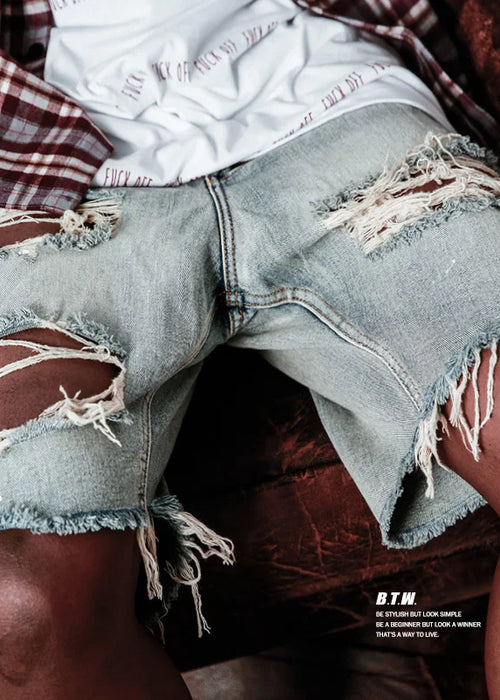 Summer Men's Fashion Hiphop Hole Denim Shorts Rough Edge Beggars Capris Men Jeans Short Pants