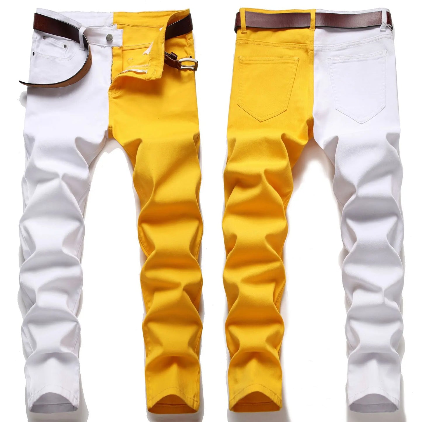 Two Colors Spliced Into Jeans Men's Fashion Casual Trousers and Shorts Red Green Yellow Denim Pants 28-38