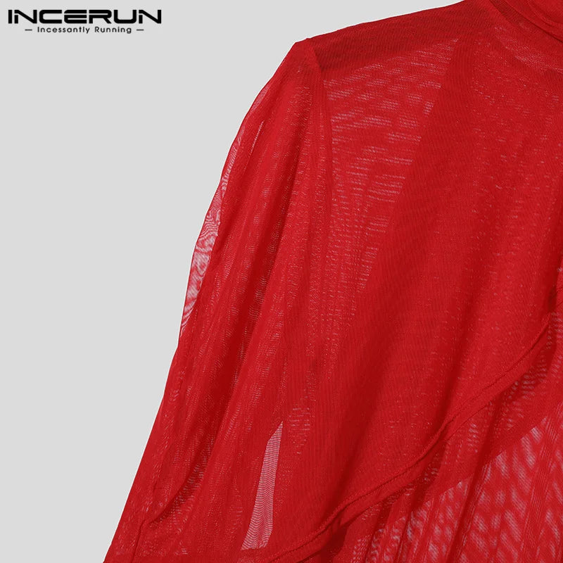 INCERUN Men See Through Solid Color Knitted T-Shirts Long Sleeve High Collar Camiseta Ruffled Edge Sexy Elegant Tops Fashion Top