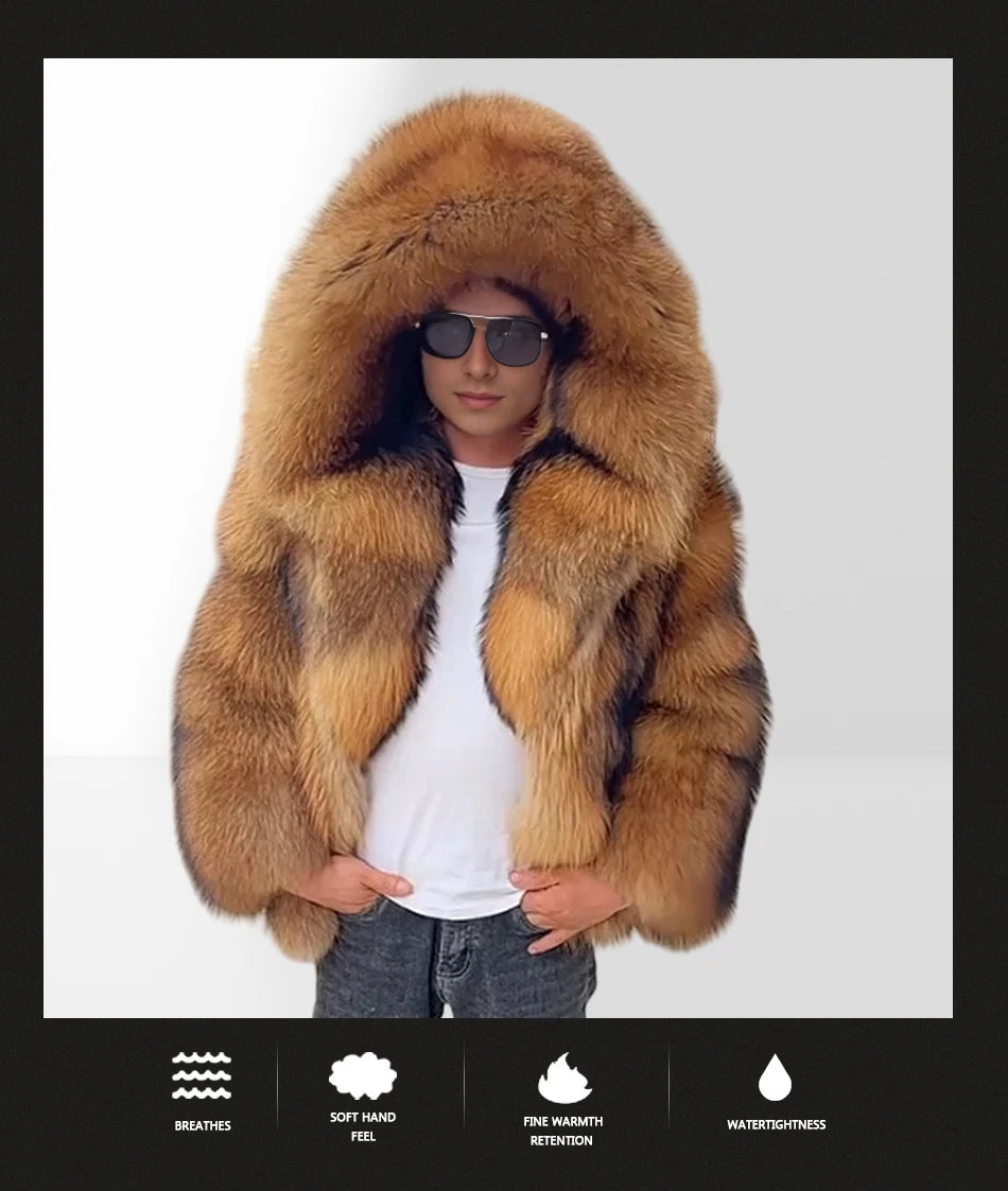 Men's Raccoon Fur Coat With Hood Natural Full Skin Raccoon Fur Jacket Genuine Leather Jacket High Quality  Real Fur Coat Long