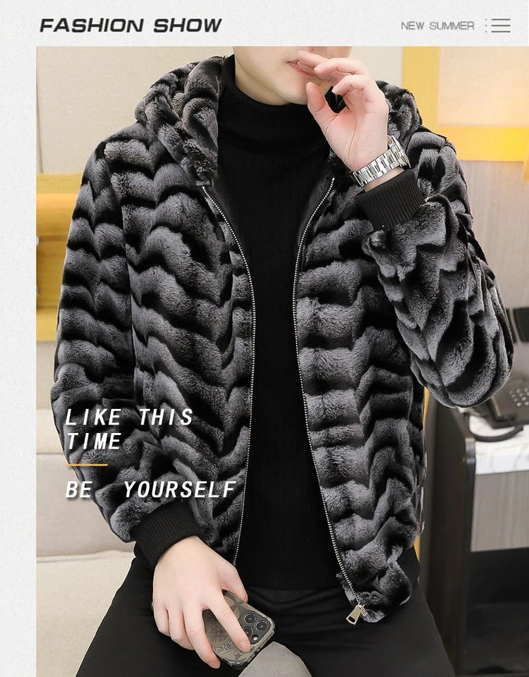 2022 Winter Faux Fur Mink Jackets Men Thicken Warm Imitation Fur Hooded Coat Slim Casual Business Social Jackets Men Clothing