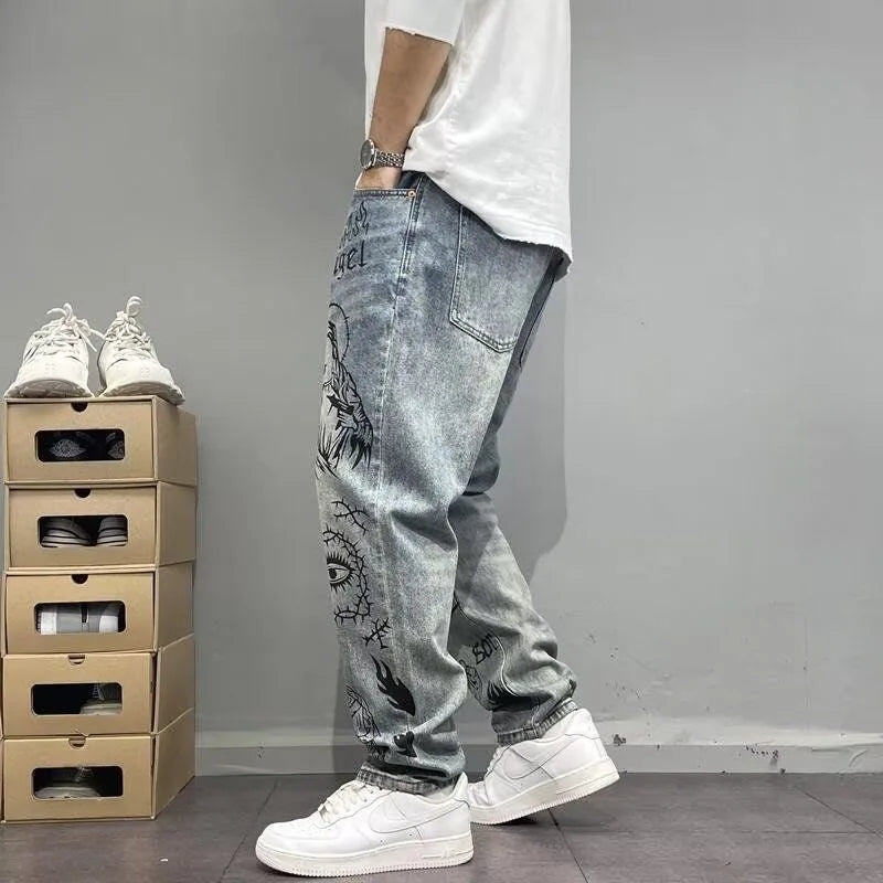 Autumn and Spring New Fashion Trend Printed Straight Leg Sports Denim Pants Men's Loose Comfortable Plus Size High Quality Pants