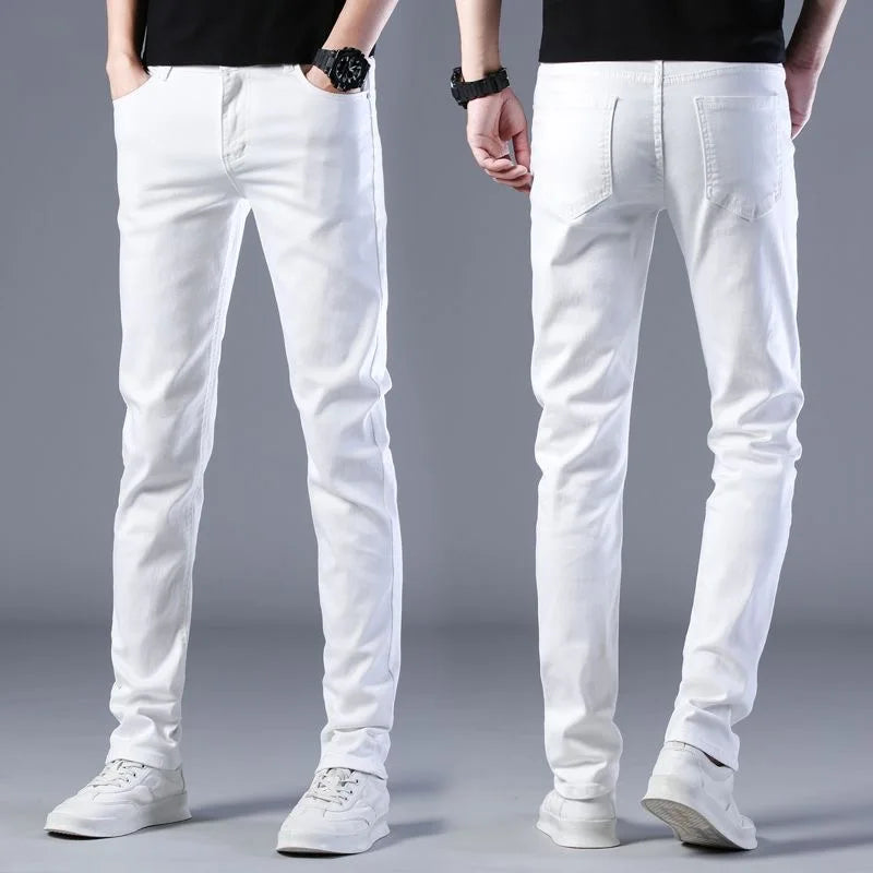 2024 Spring and Autumn New Fashion Trend White Elastic Denim Pants Men's Casual Slim Comfortable Breathable Small Legs 28-38