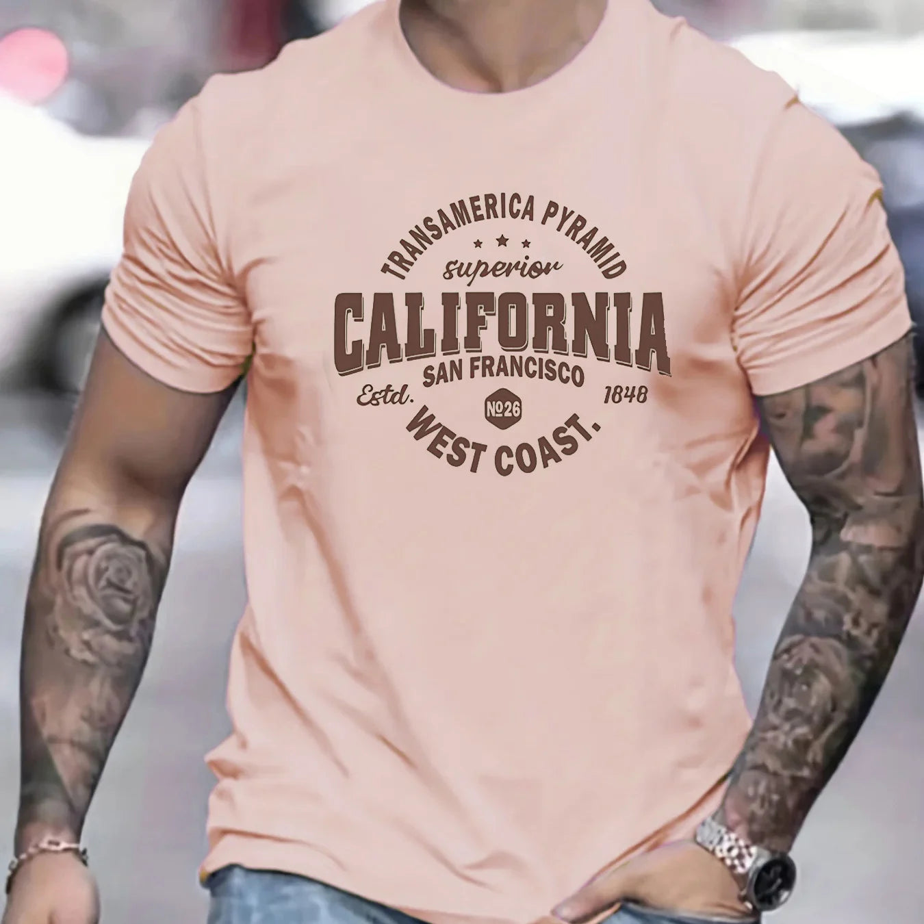 Men's 100% cotton casual sports loose fit California West Coast print round neck short sleeved T-shirt top