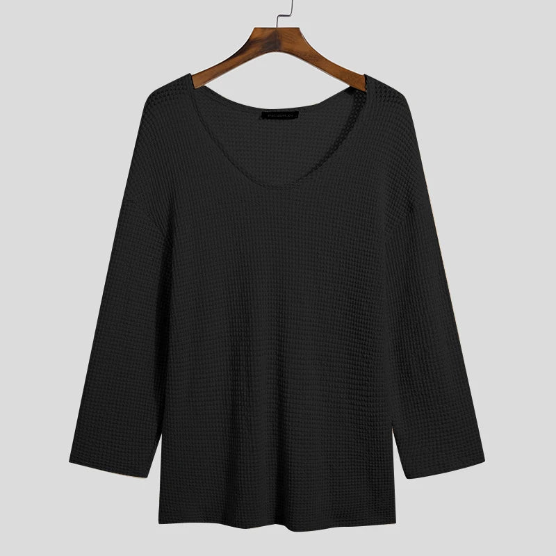 INCERUN Men T Shirt Solid Color Knitted V Neck Long Sleeve Casual Men Clothing Streetwear 2023 Hollow Out Loose Camisetas S-5XL