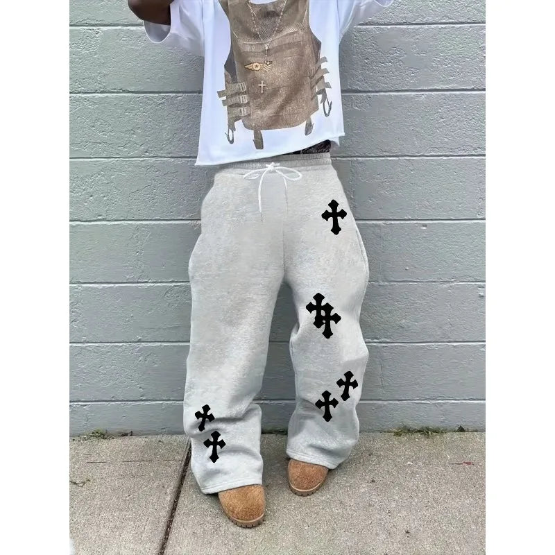 2026 Fashion Men's Black Wide Leg Pants Large White Cross Print Street Hip-Hop Pants Loose Casual Jogging Outdoor Pants Gothic