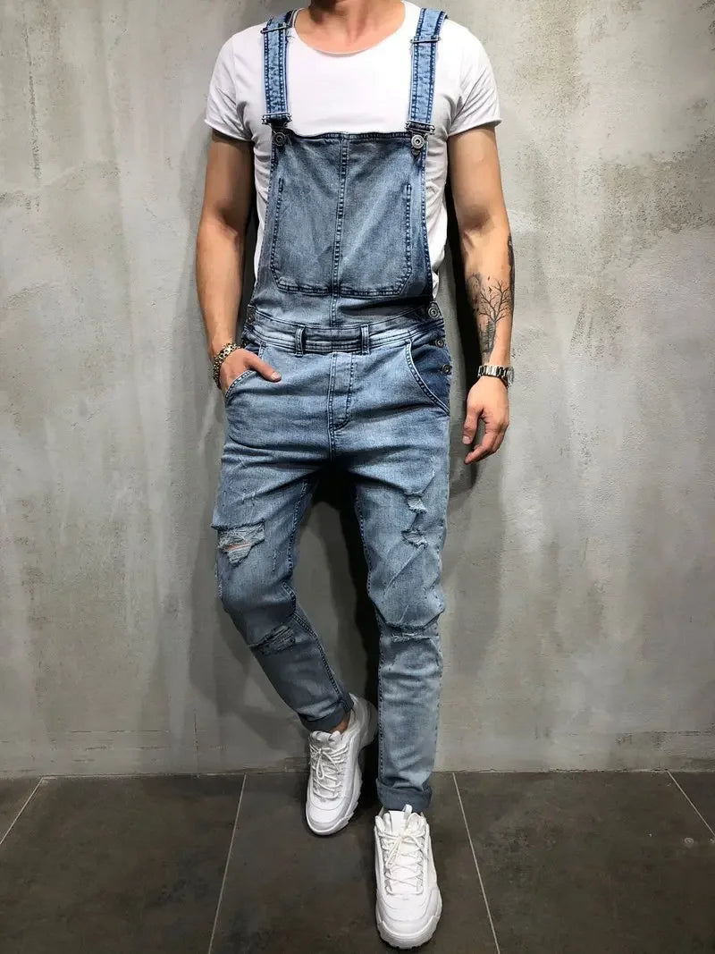 Men Jeans Jumpsuits Denim Overalls Distressed Pockets One Piece Pencil Pants Solid Washed Ankle Length Safari Style Spliced 2025