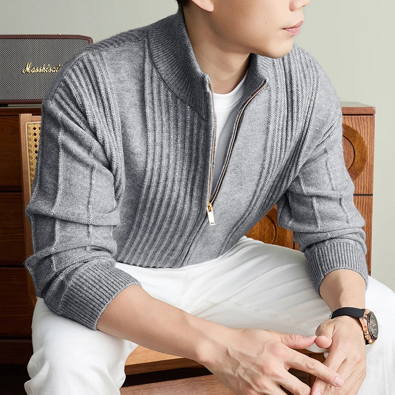 Luxury New Men's knitted sweater coat fashion jacquard zipper half high collar thicken warm soft comfort solid color cardigan