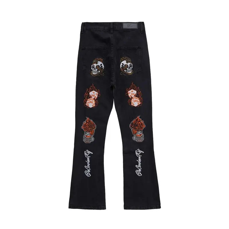 Y2K Flame Skull Pattern Embroidery Men's Jeans American Fashion Hip-Hop High Street Straight Tube Design Trumpet Denim Trousers