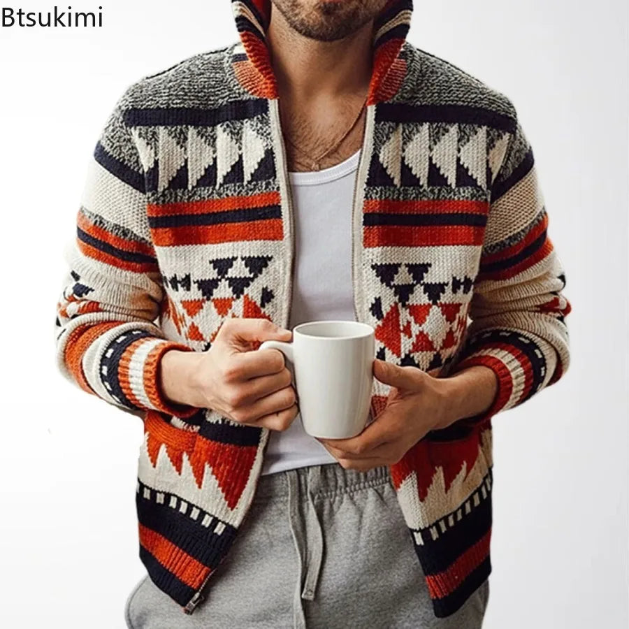 New Men's Long Sleeve Casual Knitted Sweaters High-grade Jacquard Lapel Cardigan Tops Autumn Winter Men Clothing Sweater Coats