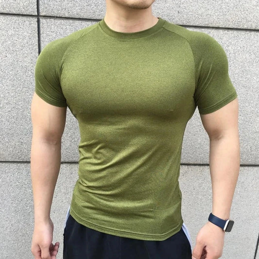 2025 New Men Summer Short Sleeve Fitness Shirt Running Sport Gym Compression T Shirt Workout Casual Elastic Force Tops Clothing