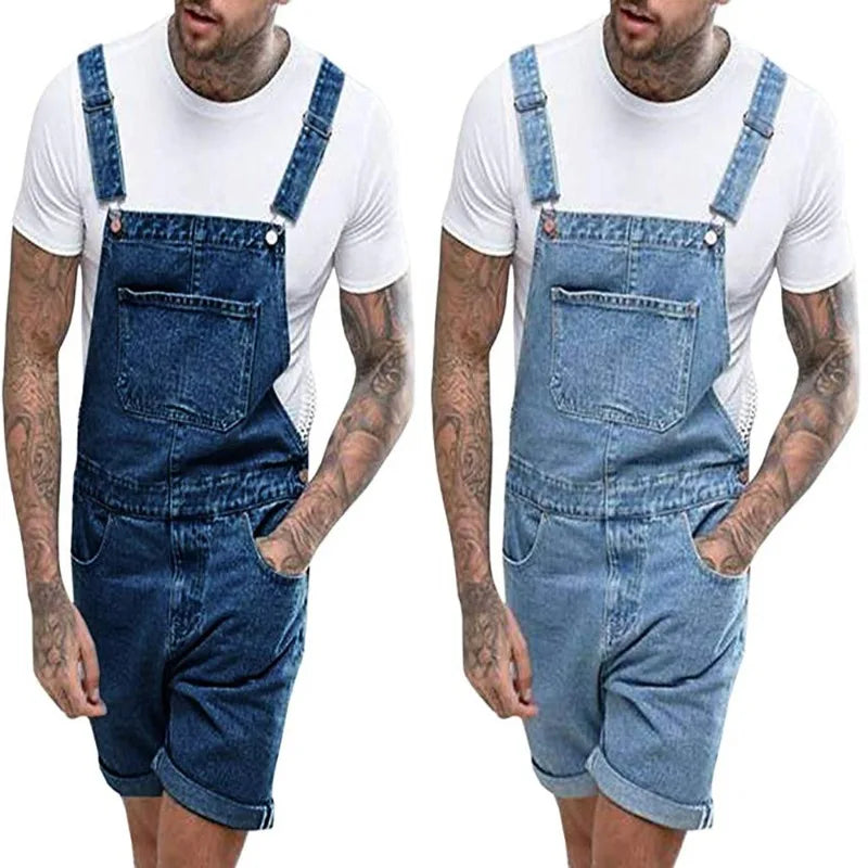 Wepbel One-Piece Working Bib Top Pants Denim Retro Jeans Overalls Summer Men's Denim with Hole Shorts Suspender Shorts Jeans