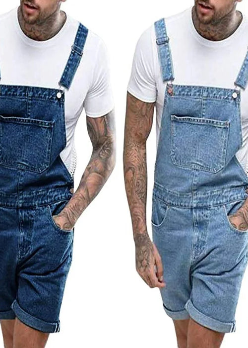 Wepbel One-Piece Working Bib Top Pants Denim Retro Jeans Overalls Summer Men's Denim with Hole Shorts Suspender Shorts Jeans