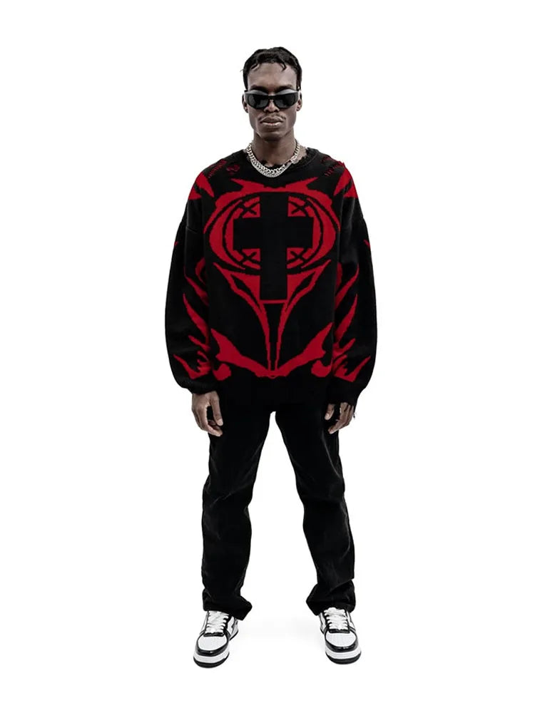 Men Sweater CMH Satan Club Pullover Knit Oversized Winter Gothic Long Sleeve Tops Graphic Streetwear Y2k Vintage Jumper Clothing