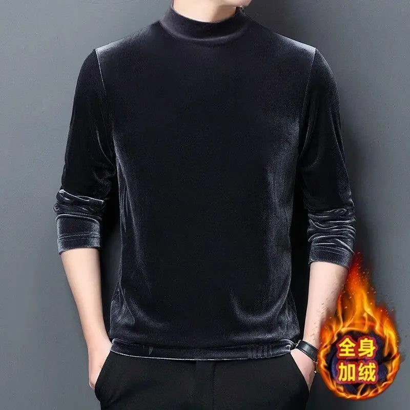 Men's Sweatshirt Velvet Half Turtleneck Sweater Autumn Winter Printed Long-sleeved Top Versatile