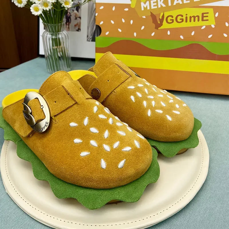 New Lazy Slippers Hamburger Sandals Lover Cute Cosplay Costumes Shoes Loafers Indoor Slippers Cow Suede Casual Comfort Men Women