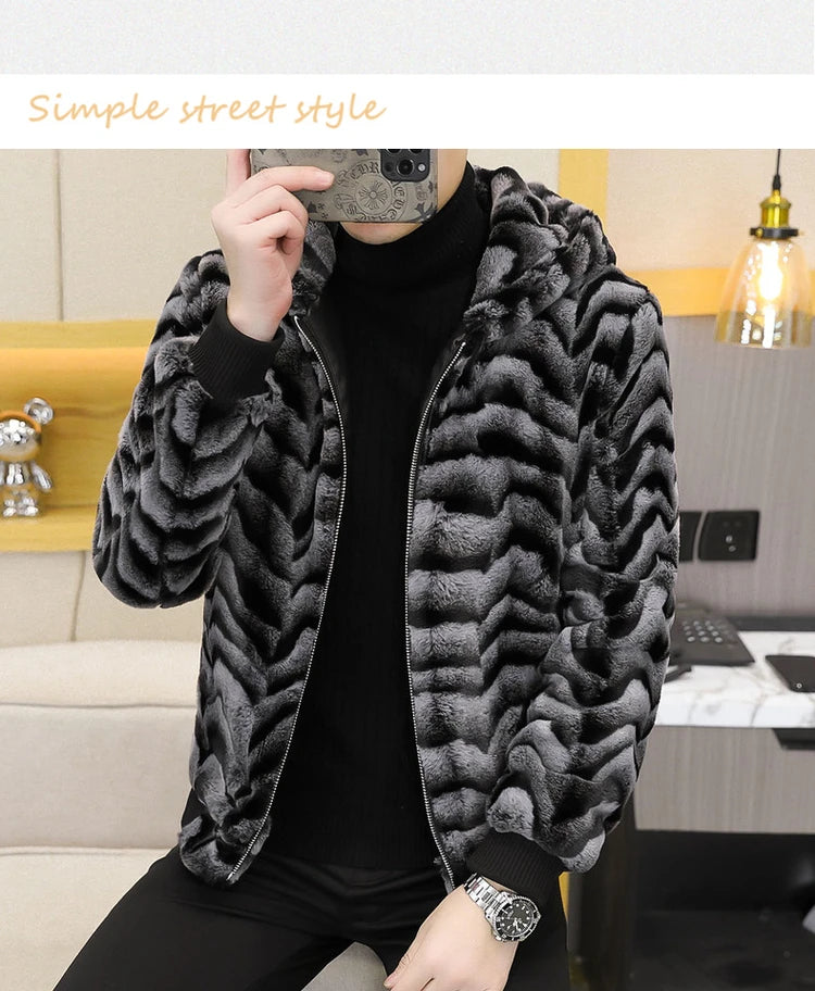 2022 Winter Faux Fur Mink Jackets Men Thicken Warm Imitation Fur Hooded Coat Slim Casual Business Social Jackets Men Clothing