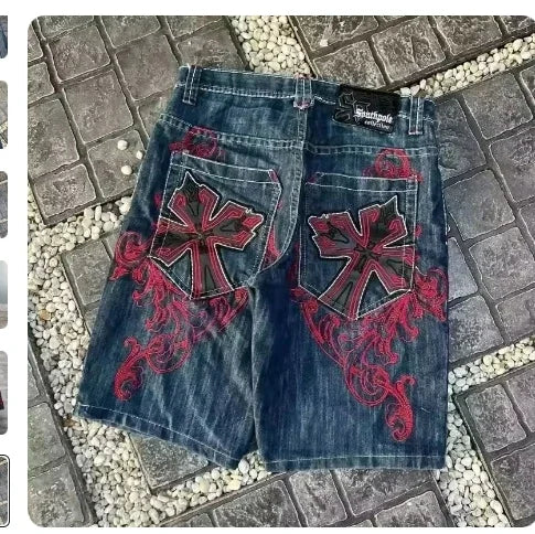Vintage Diamonds Graphic Baggy Denim Shorts New Goth Y2K Fashion Harajuku Casual High Waist Wide Leg Shorts Streetwear