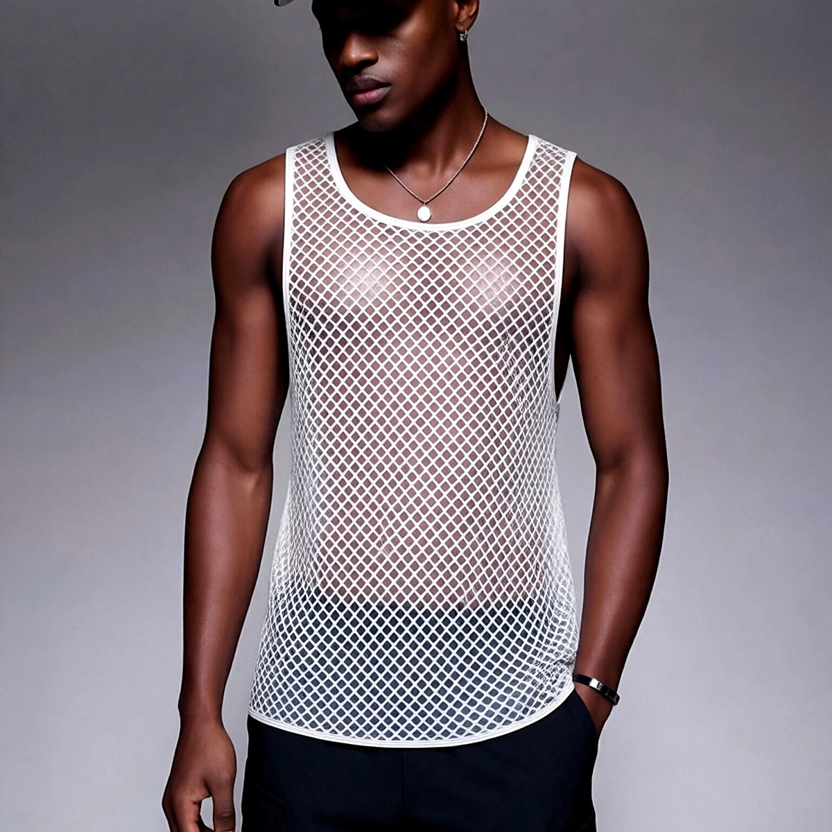 JOCKMAIL Men Tank Tops Mesh Hollow Out O-neck Sleeveless Male Vests Streetwear Summer Sexy See Through Fashion Men Clothing