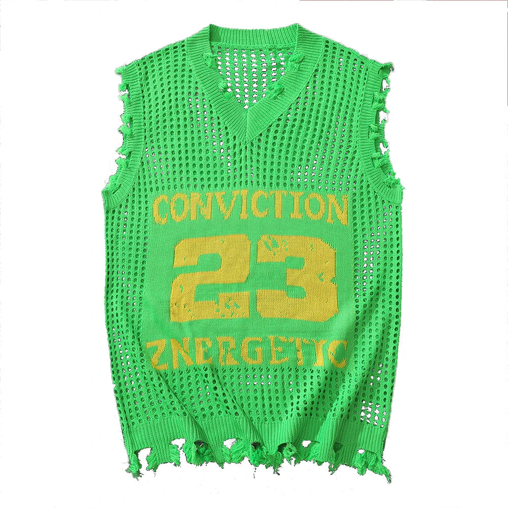 Men's Knitted Vest Autumn Fashion Number Mesh Vest Casual Sleeveless Business Breathable Woolen Knit Top US Size