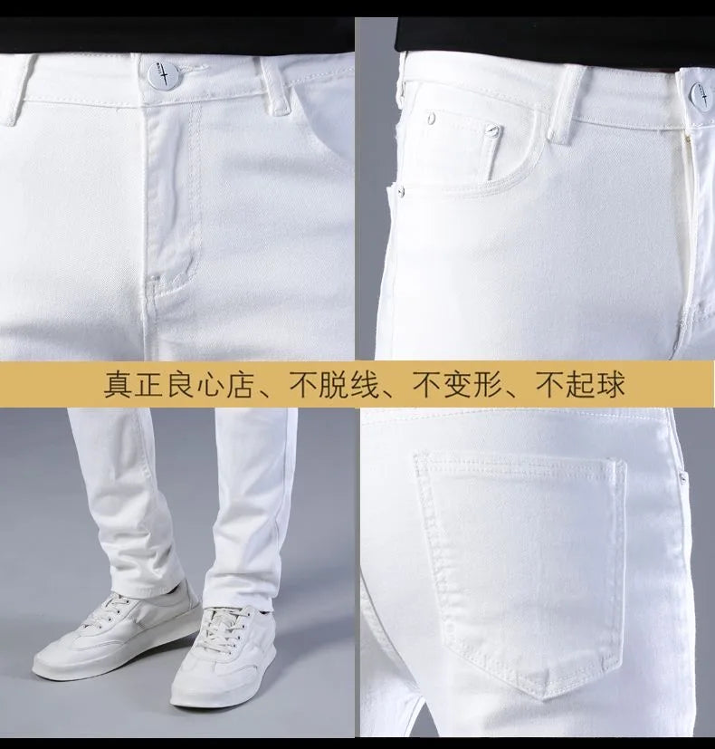 2024 Spring and Autumn New Fashion Trend White Elastic Denim Pants Men's Casual Slim Comfortable Breathable Small Legs 28-38