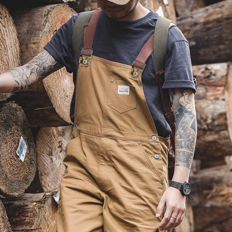 Mens Cargo Pants Japanese Retro Overalls Khaki Suspenders Spring Canvas Male Fashion Large Size Full Length Trousers