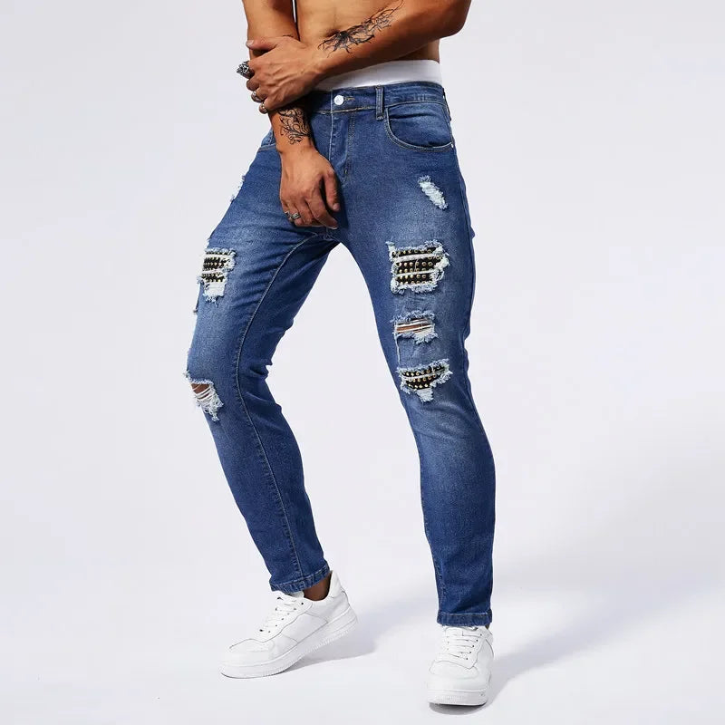 Jeans Ripped Patchwork Men's Blue Elastic Slim Straight Denim Pants Fashion Joggers Biker Trousers Hip Hop Rock Streetwear