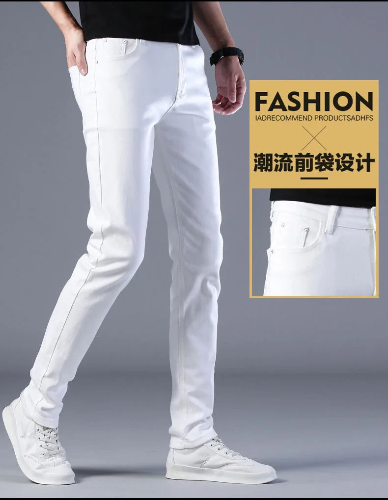 2024 Spring and Autumn New Fashion Trend White Elastic Denim Pants Men's Casual Slim Comfortable Breathable Small Legs 28-38