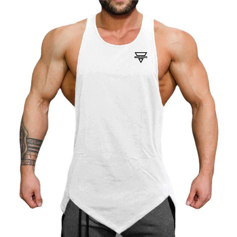 Men’s Gym Clothes Summer Trend Cotton Breathable Vest Irregular Hem Fitness Sleeveless T-shirts Printing O-neck