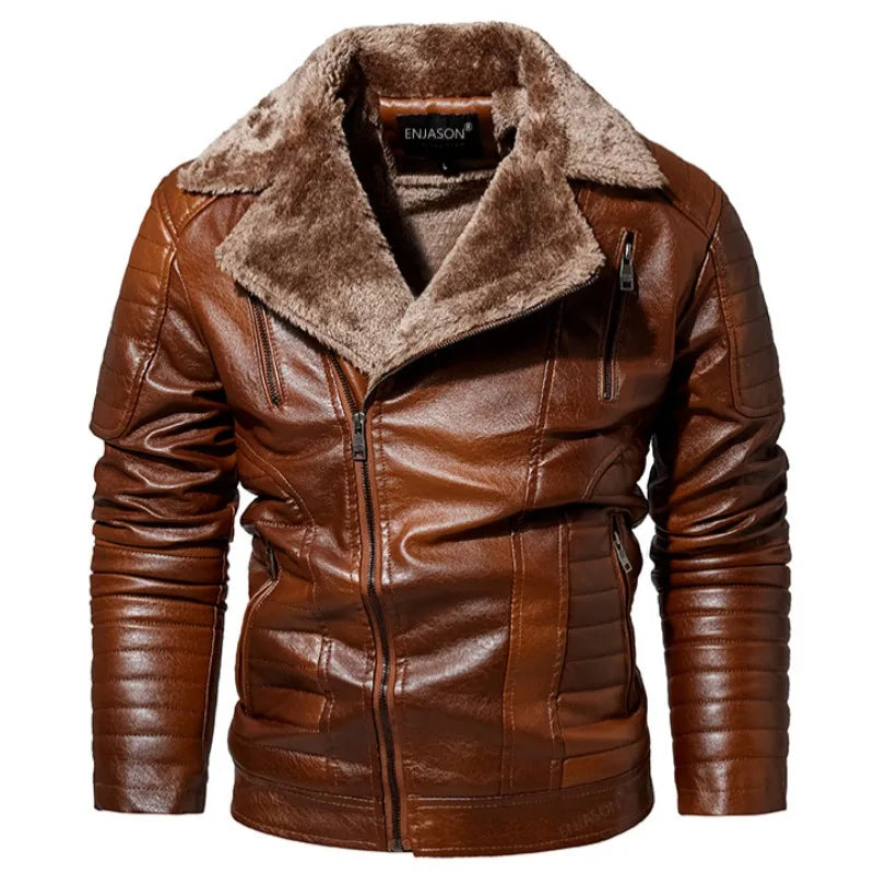 Men Leather Jacket Fur Integrated Locomotive Leather Jacket Coats Long Sleeve Zipper Fur Collar Motorcycle Outwear Faux Leather