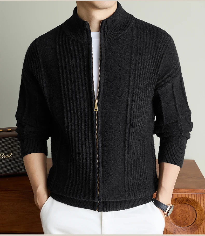 Luxury New Men's knitted sweater coat fashion jacquard zipper half high collar thicken warm soft comfort solid color cardigan