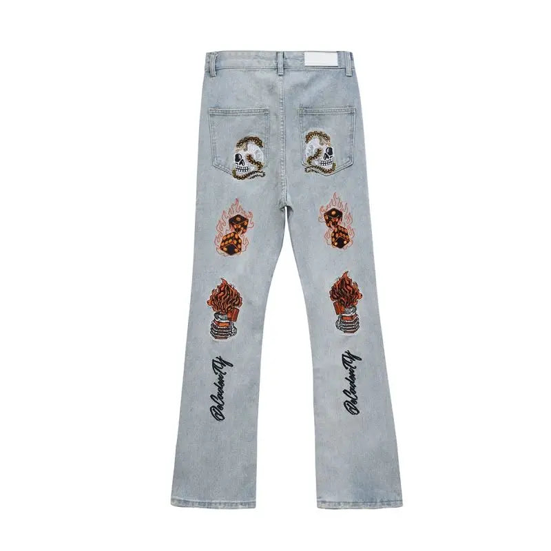 Y2K Flame Skull Pattern Embroidery Men's Jeans American Fashion Hip-Hop High Street Straight Tube Design Trumpet Denim Trousers