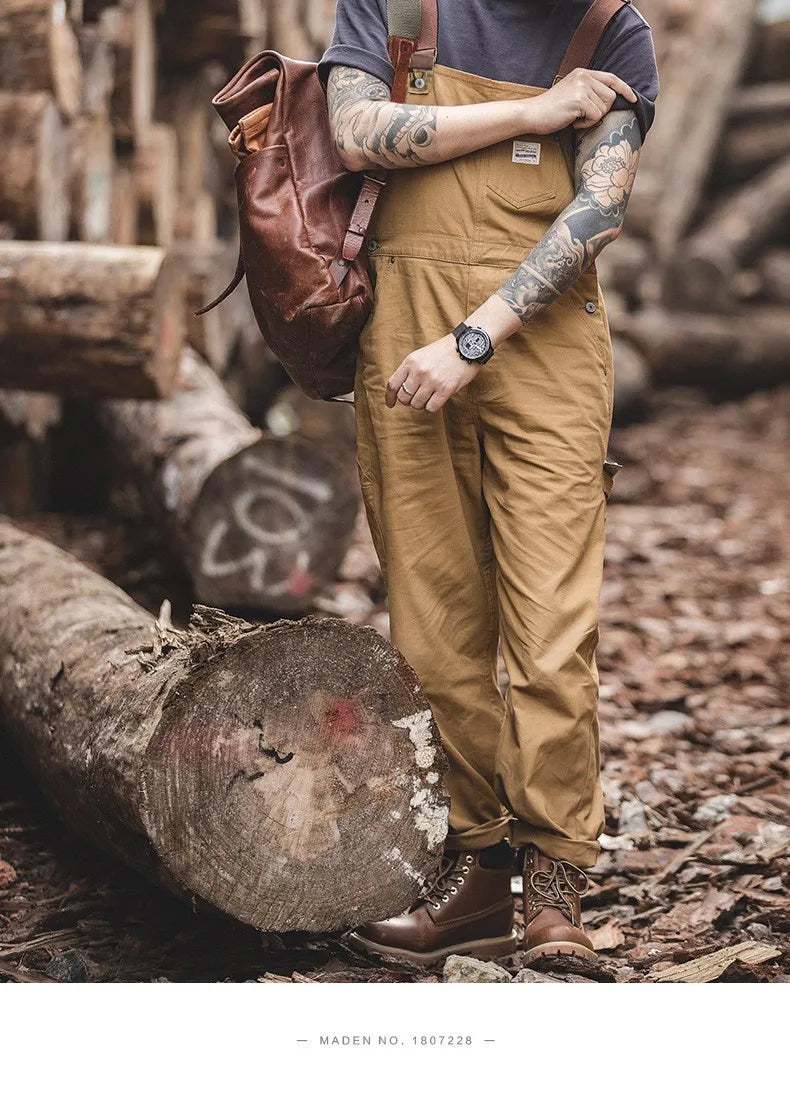 Mens Cargo Pants Japanese Retro Overalls Khaki Suspenders Spring Canvas Male Fashion Large Size Full Length Trousers